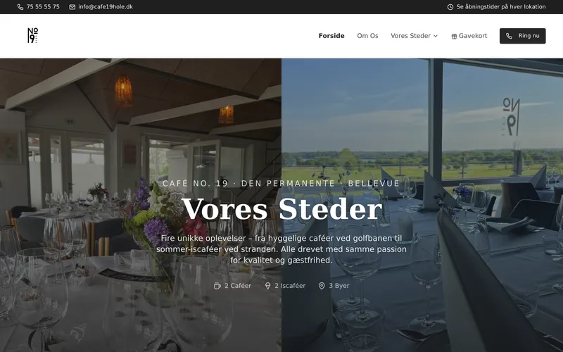 The homepage of cafe19hole.dk: two photos side by side of set tables in the café and in the restaurant overlooking the golf course, with the Danish headline "Vores Steder."