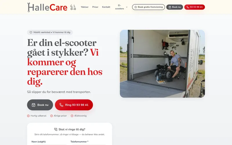 The homepage of hallecare.dk: a mechanic repairing an electric scooter in a mobile workshop, next to the Danish headline "Er din el-scooter gået i stykker? Vi kommer og reparerer den hos dig."